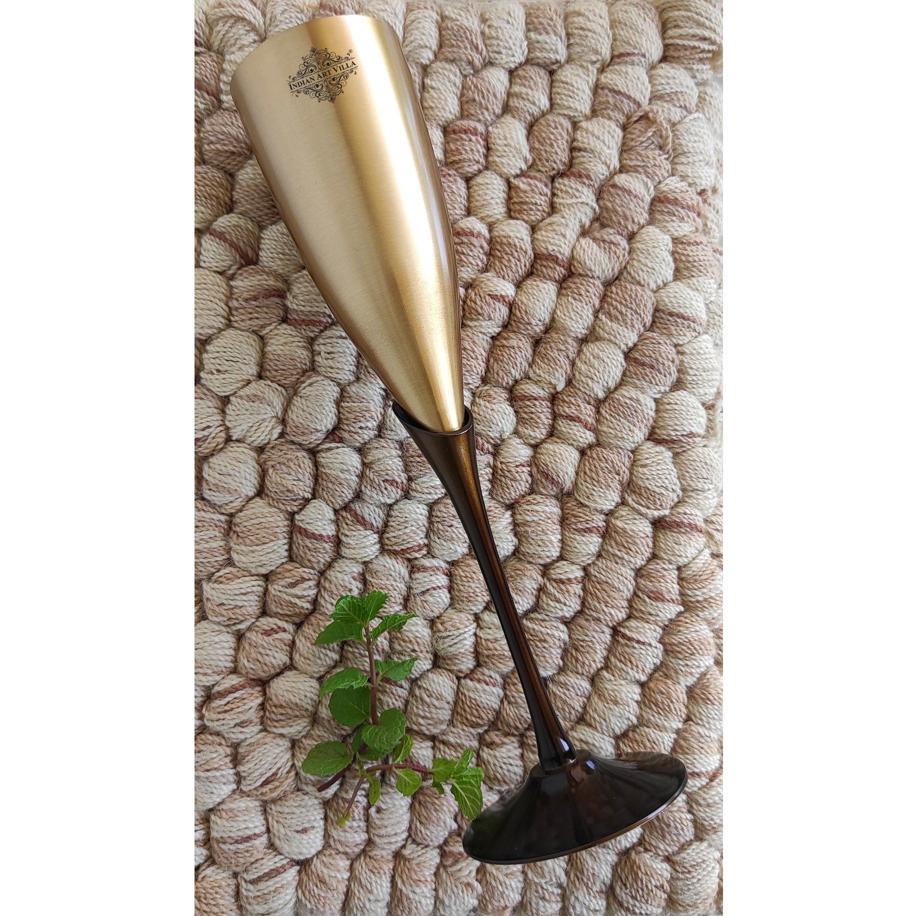 Brass Matt Finish Plain & Embossed Design Flute Champagne, 2 Glasses - 200 ML